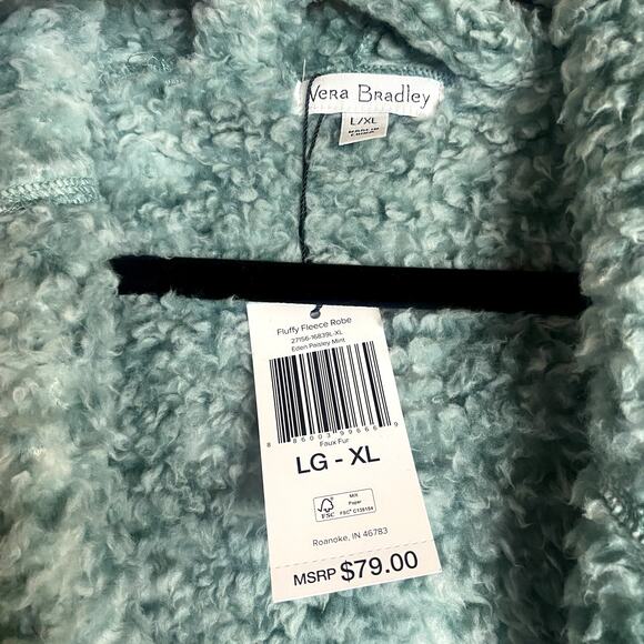 NWT Vera Bradley Eden Paisly Mint/Aqua Fluffy Fleece Robe with hood. L/XL - Picture 2 of 5